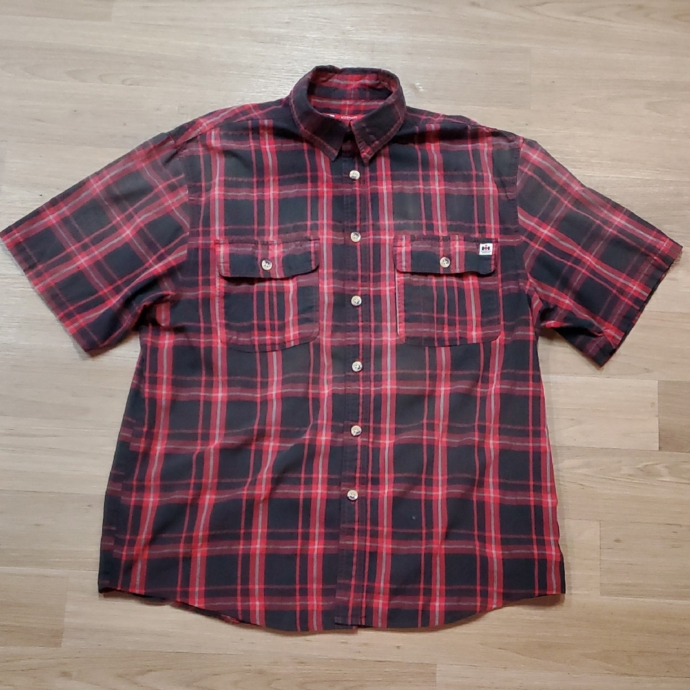 Casual Red and Black Plaid Button-Down Tee Shirt